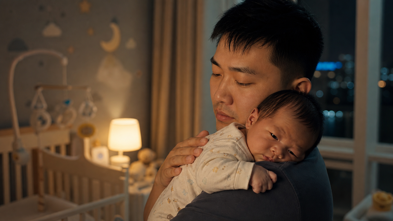 A heartwarming close-up of a young Chinese father