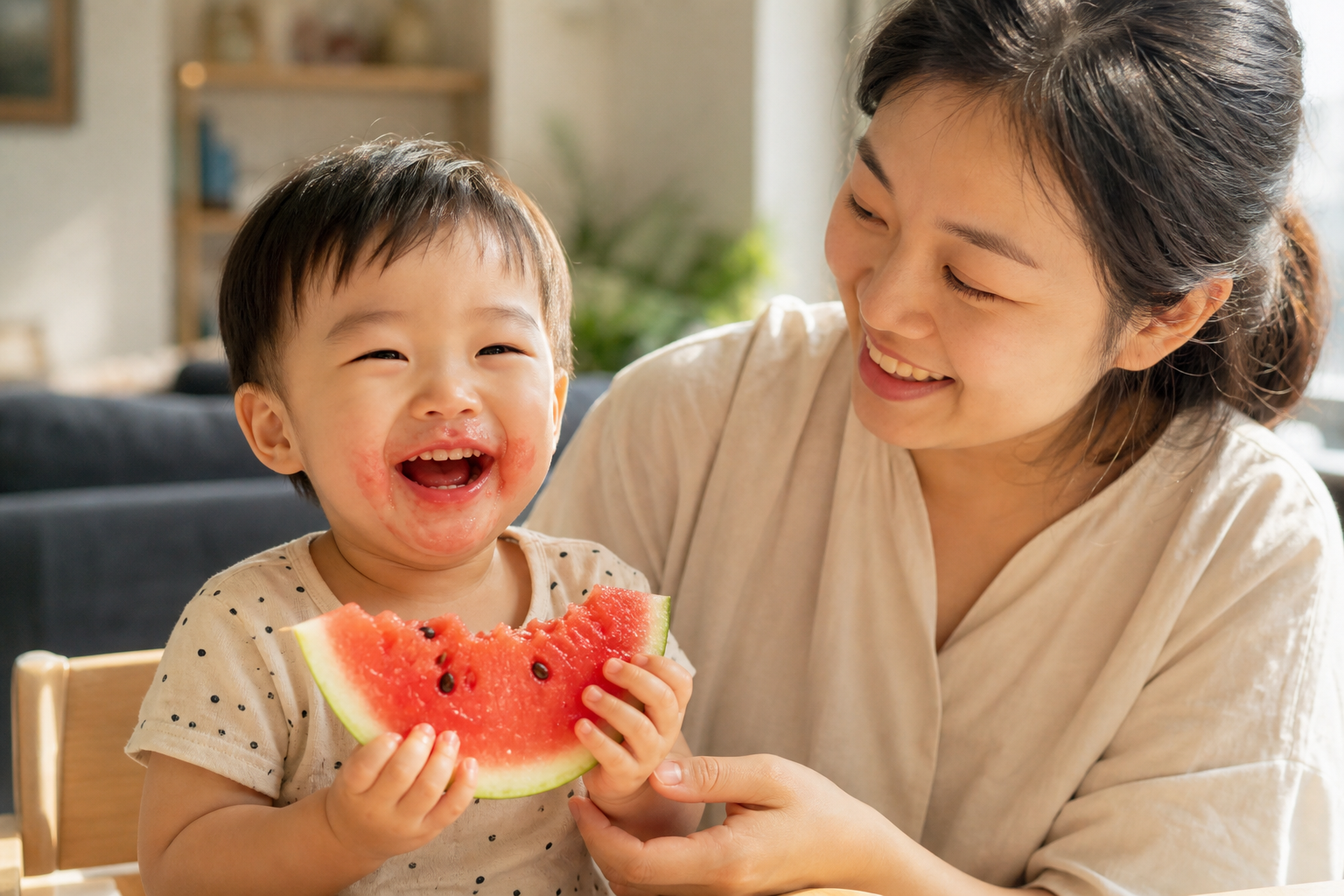 A happy 2-year-old Chinese baby eating a slice of 