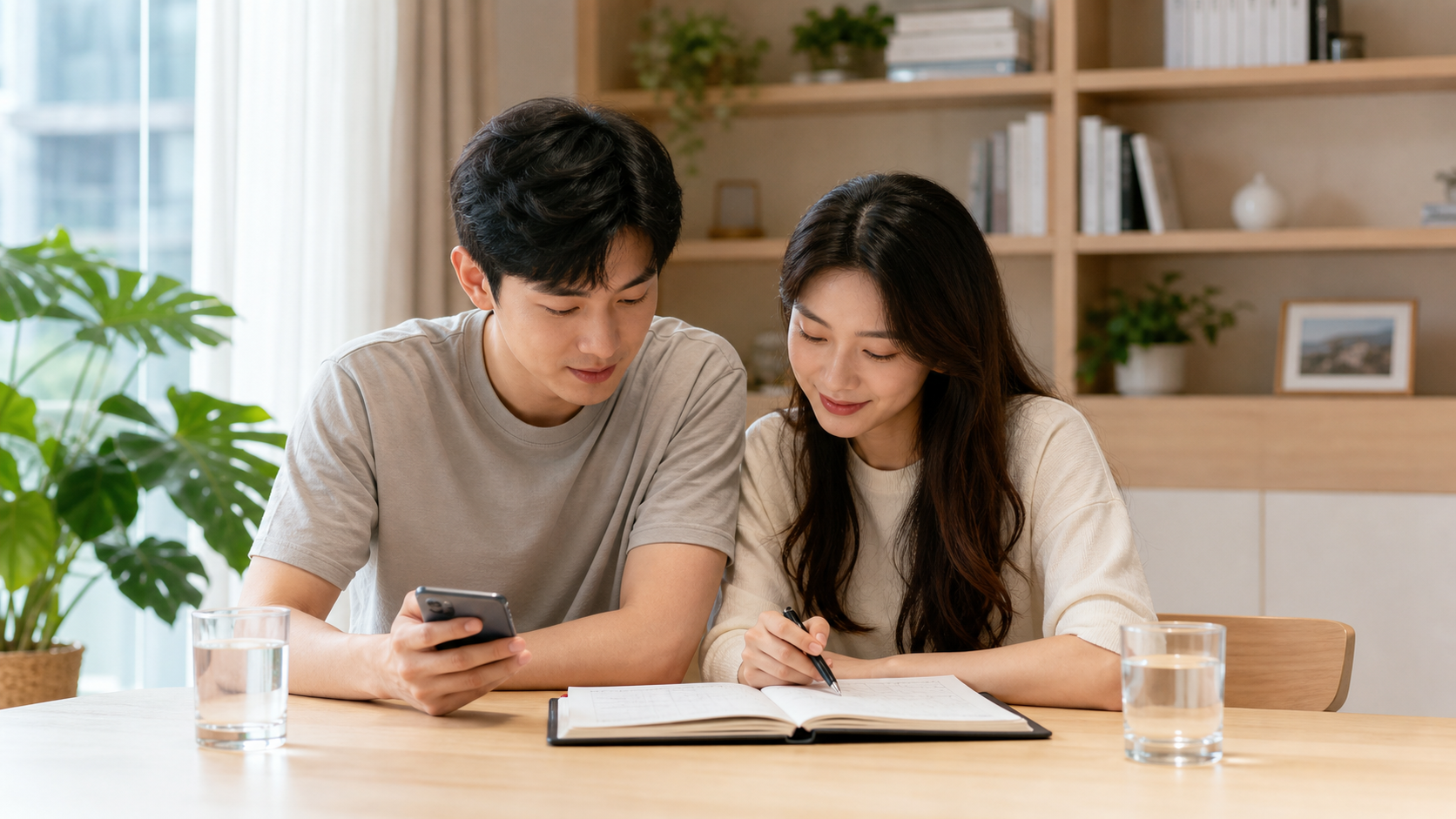 A cozy and bright scene of a young Chinese couple 