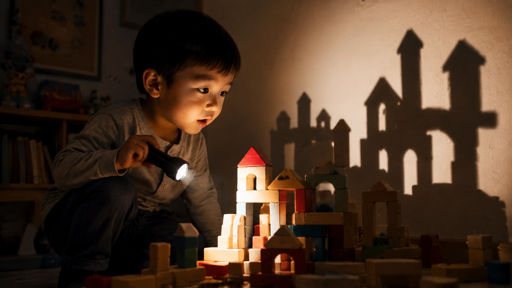 A 3-year-old Chinese boy playing with a flashlight