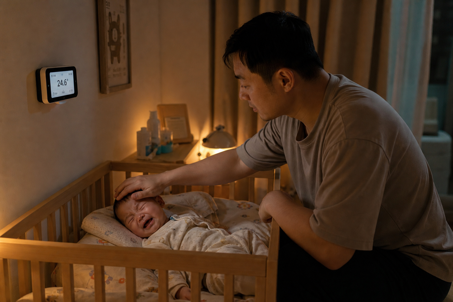 A Chinese father gently soothing a crying baby in 