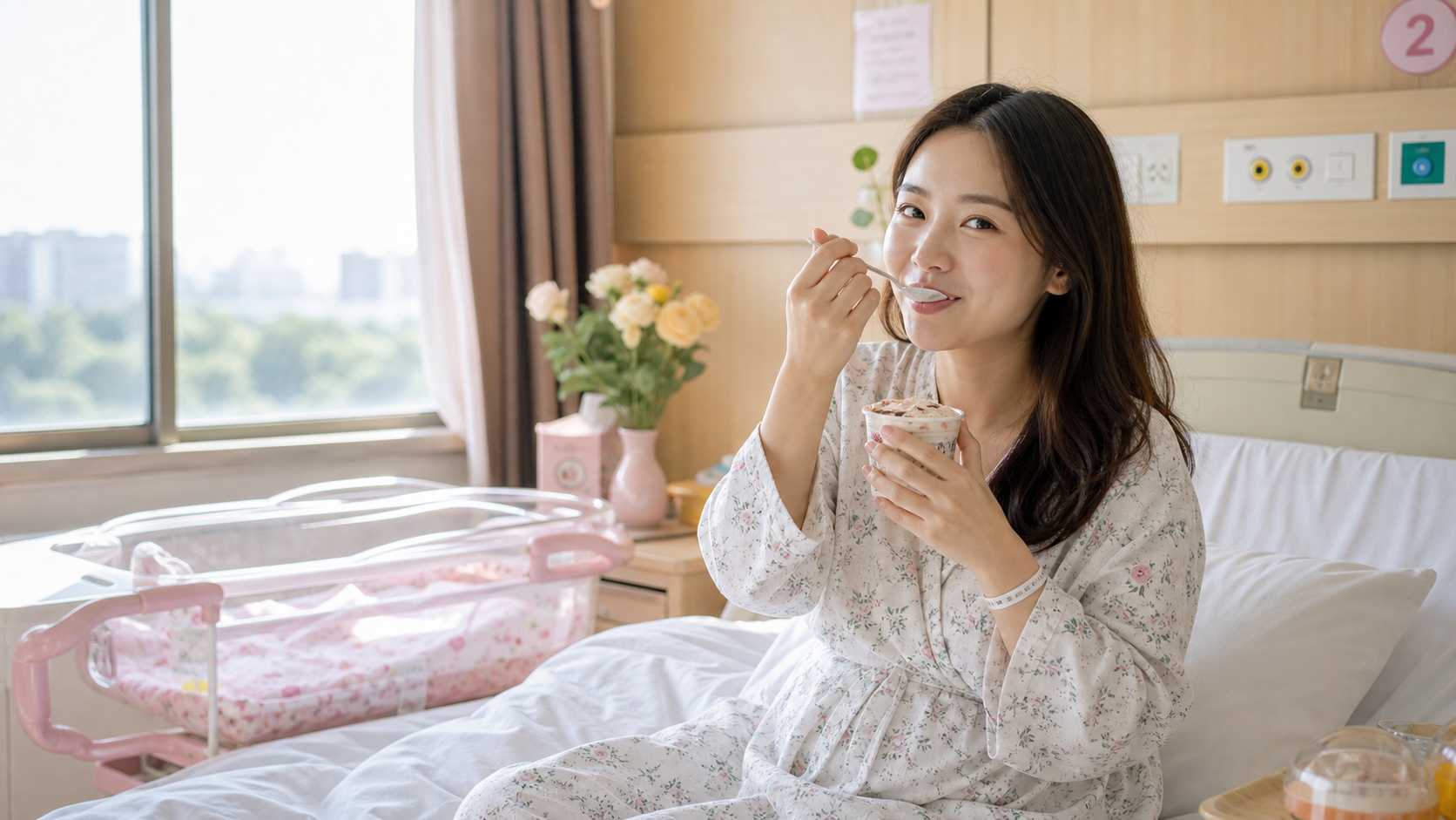 A young beautiful Chinese mother sitting on a hosp