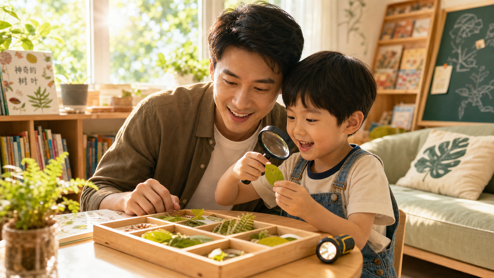 A cute Chinese father and his 5-year-old child exa