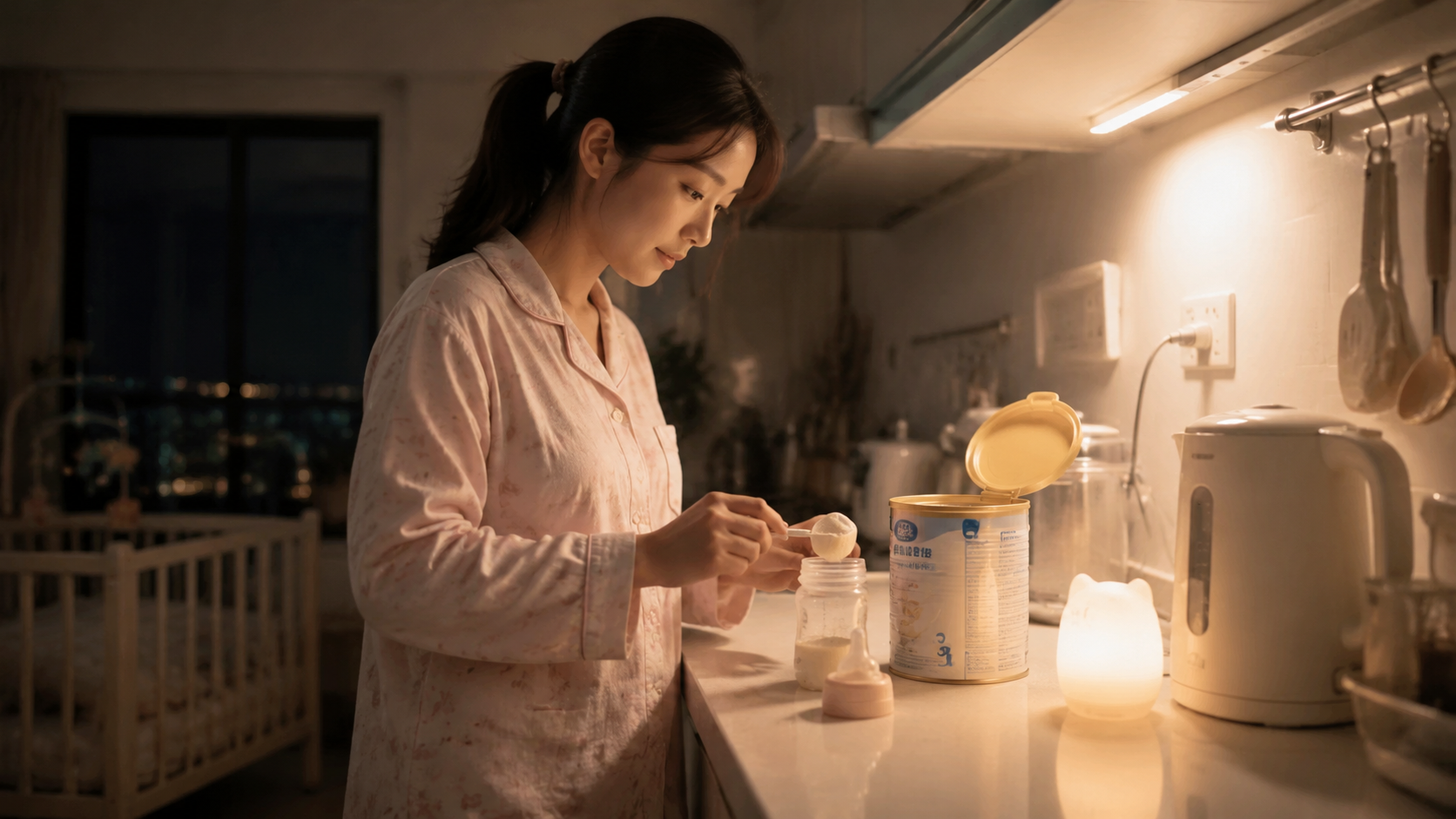 A young Chinese mother in cozy pajamas preparing b