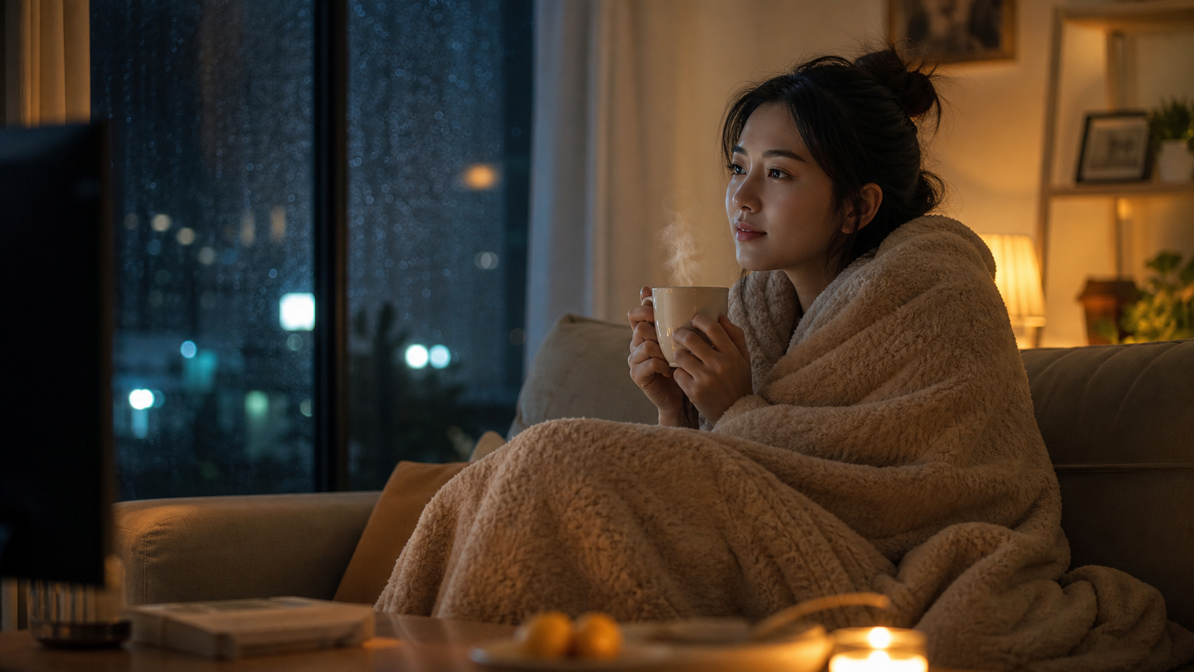 A cozy indoor scene on a rainy night. A young Chin