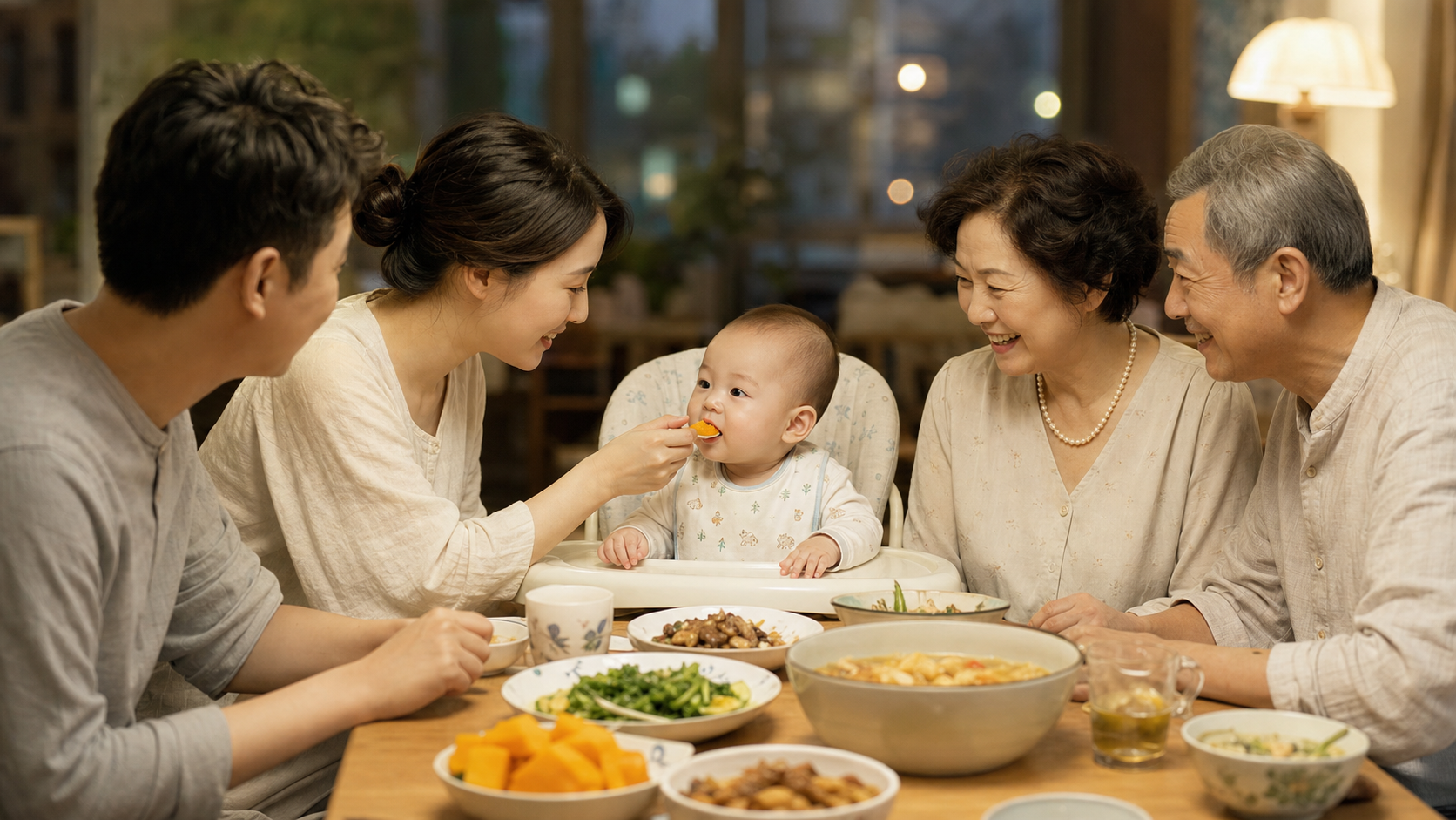 A warm and harmonious scene of a Chinese family ha