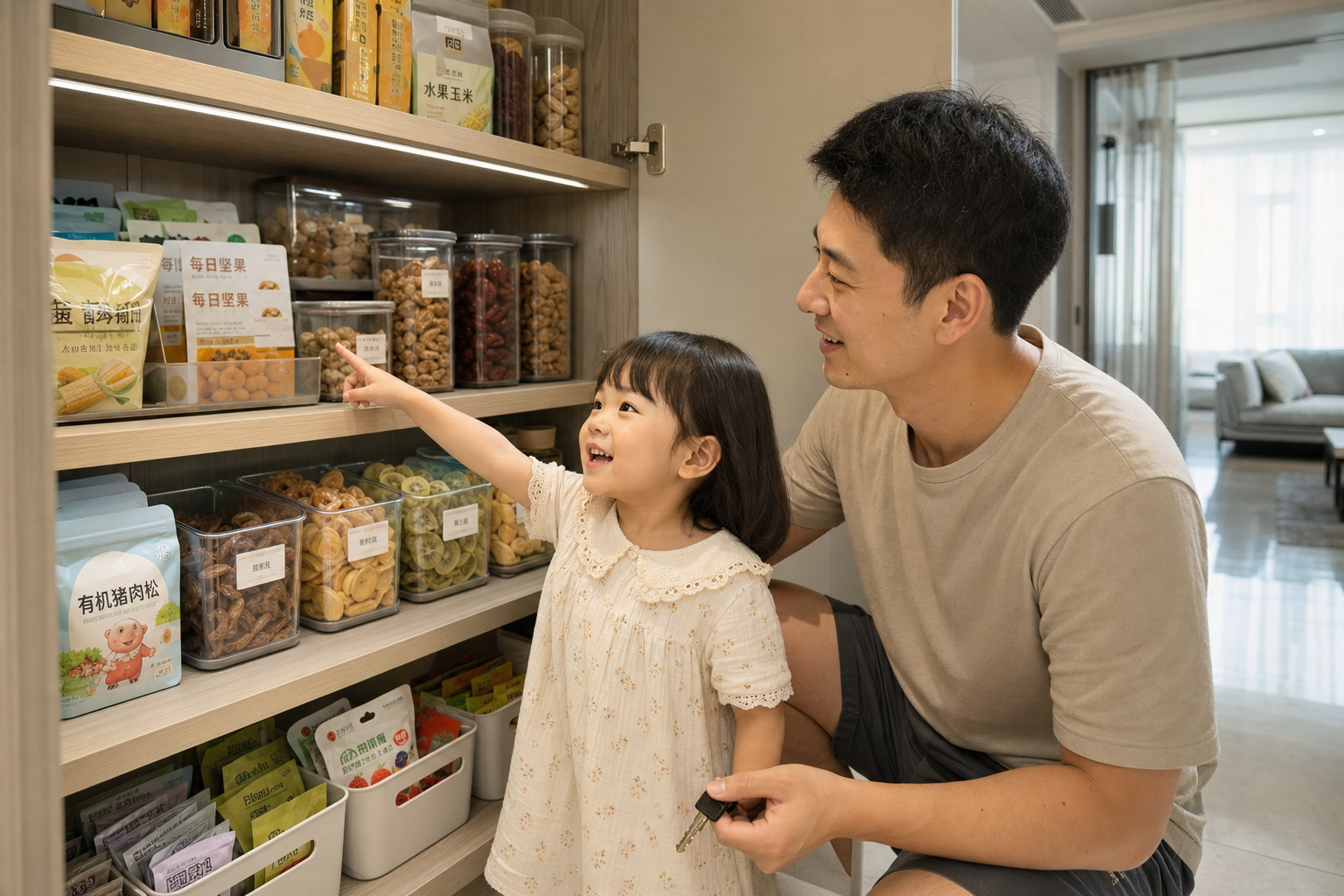 A neat and organized snack cabinet in a modern Chi