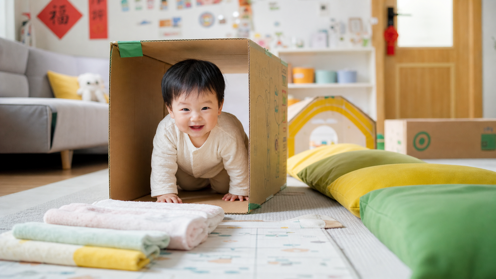 A creative indoor obstacle course for a Chinese to
