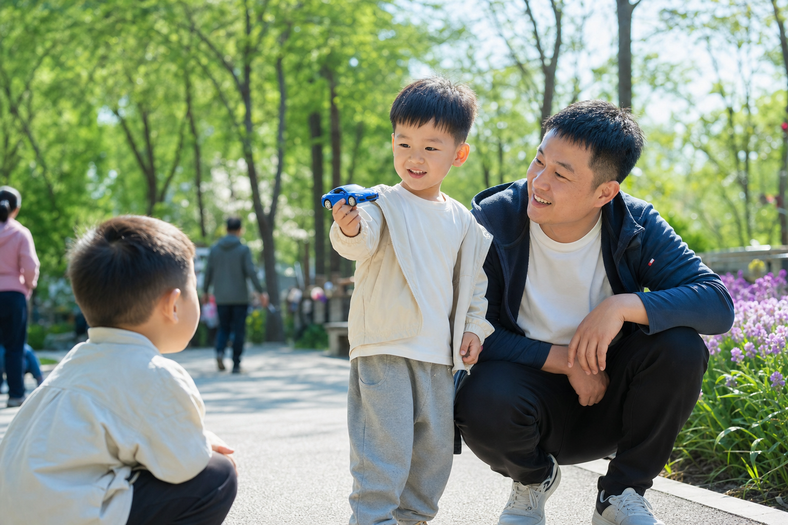 A 3-year-old Chinese boy holding a blue toy car, s