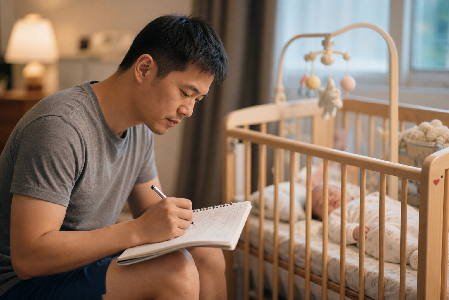 A focused Chinese father sitting next to a baby cr
