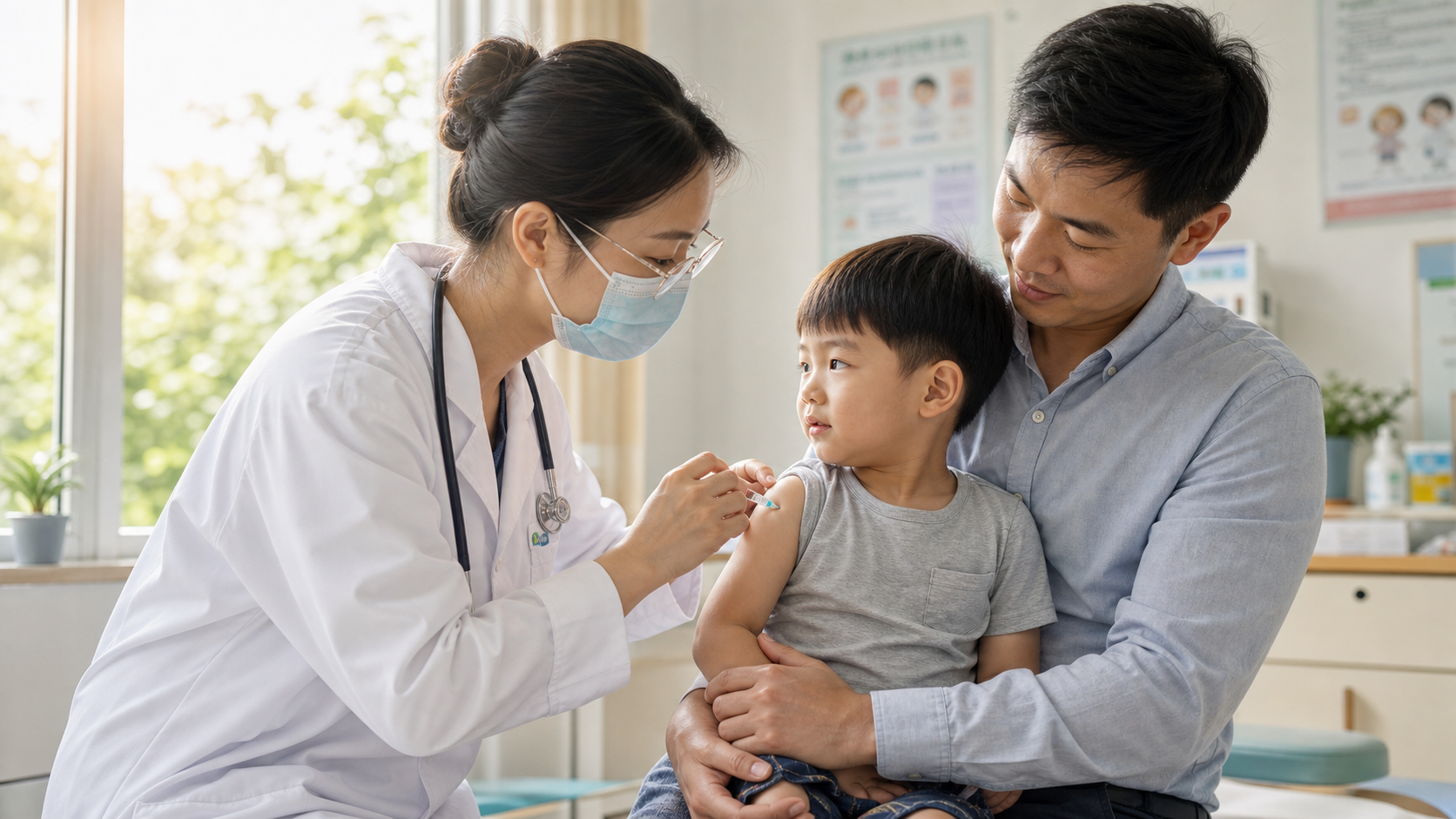 A heartwarming scene of a friendly Chinese pediatr