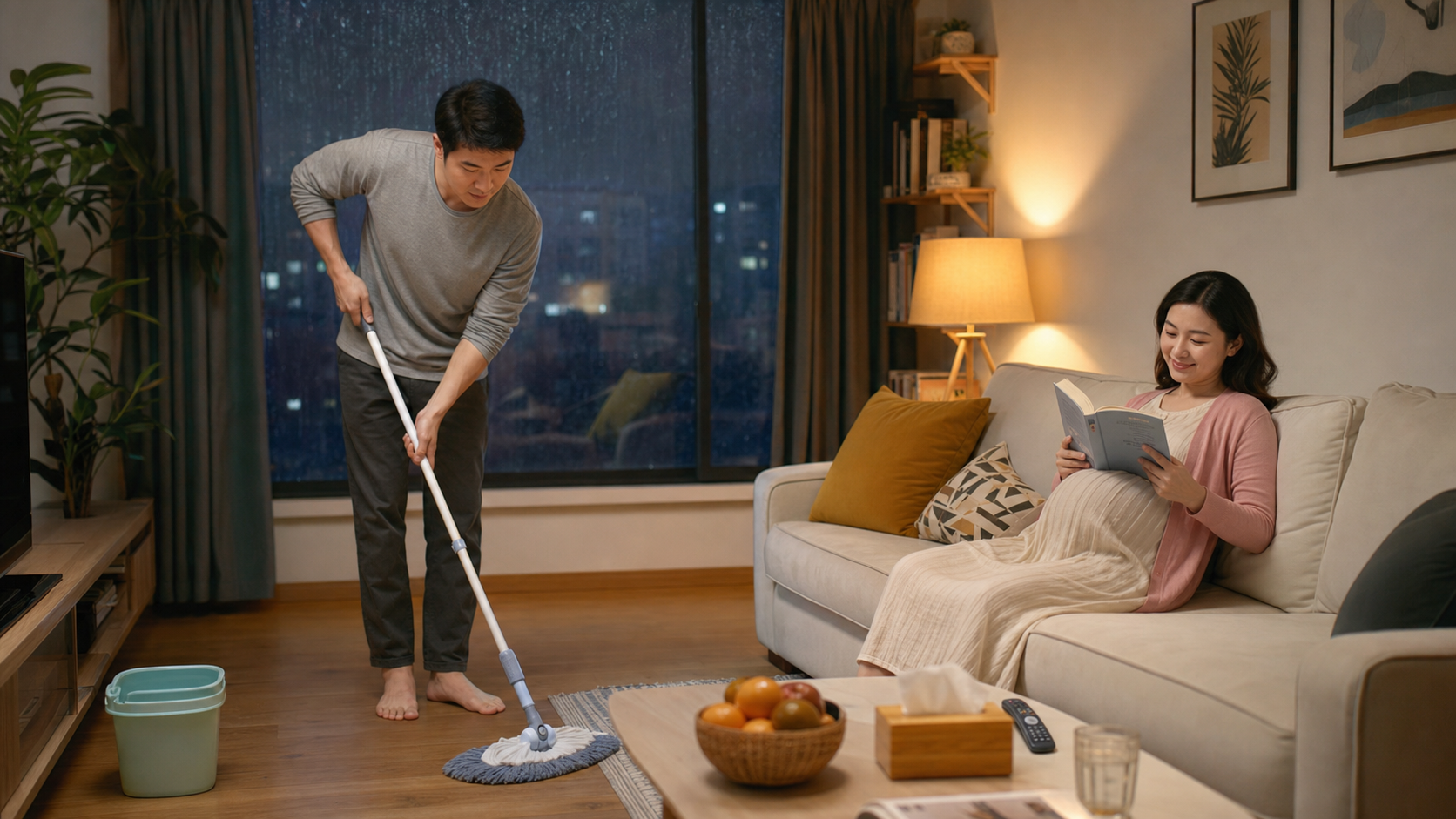 A caring Chinese husband cleaning the living room