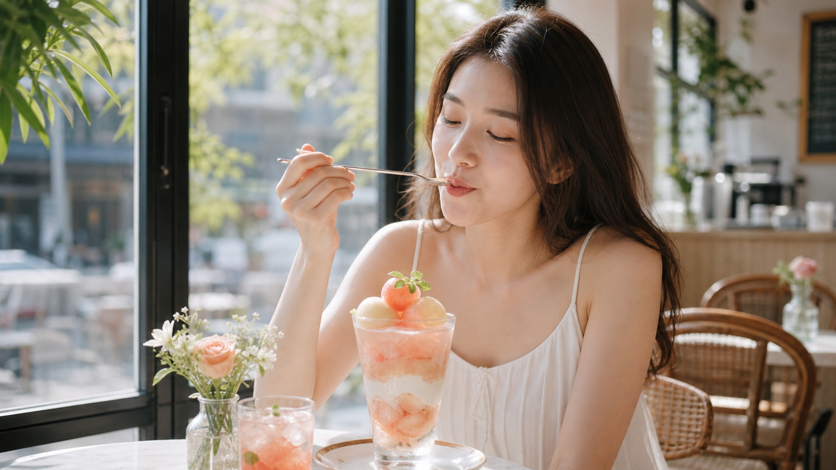 A beautiful young Chinese woman sitting in a brigh