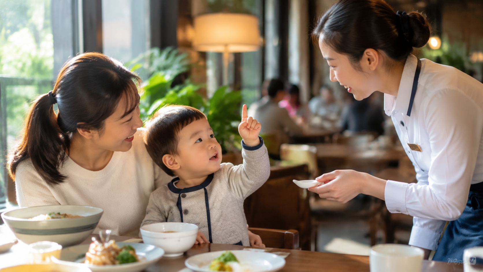 A heartwarming scene in a bright restaurant. A Chi