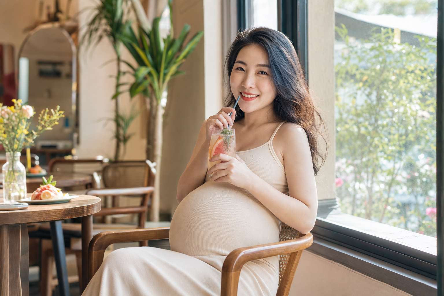 A smiling Chinese pregnant woman sitting in a cozy