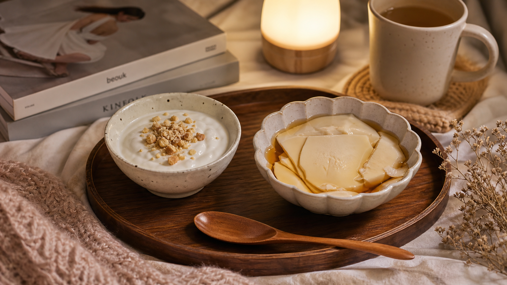 A cozy flatlay of healthy midnight snacks for preg