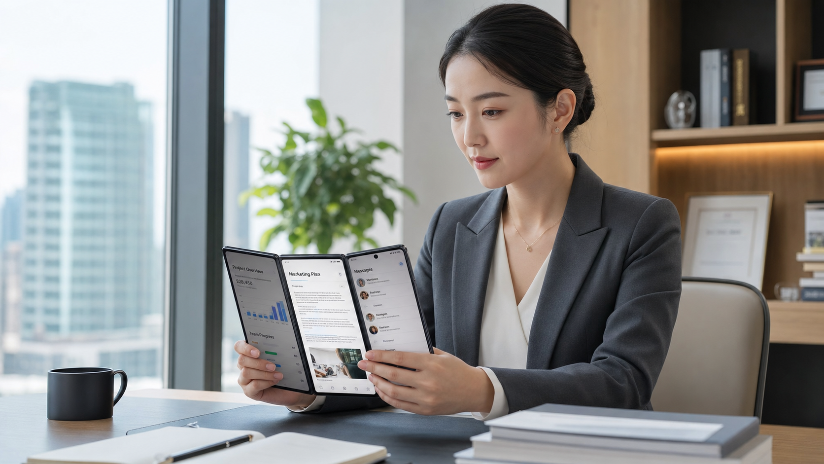 A professional Chinese business woman using a tri-