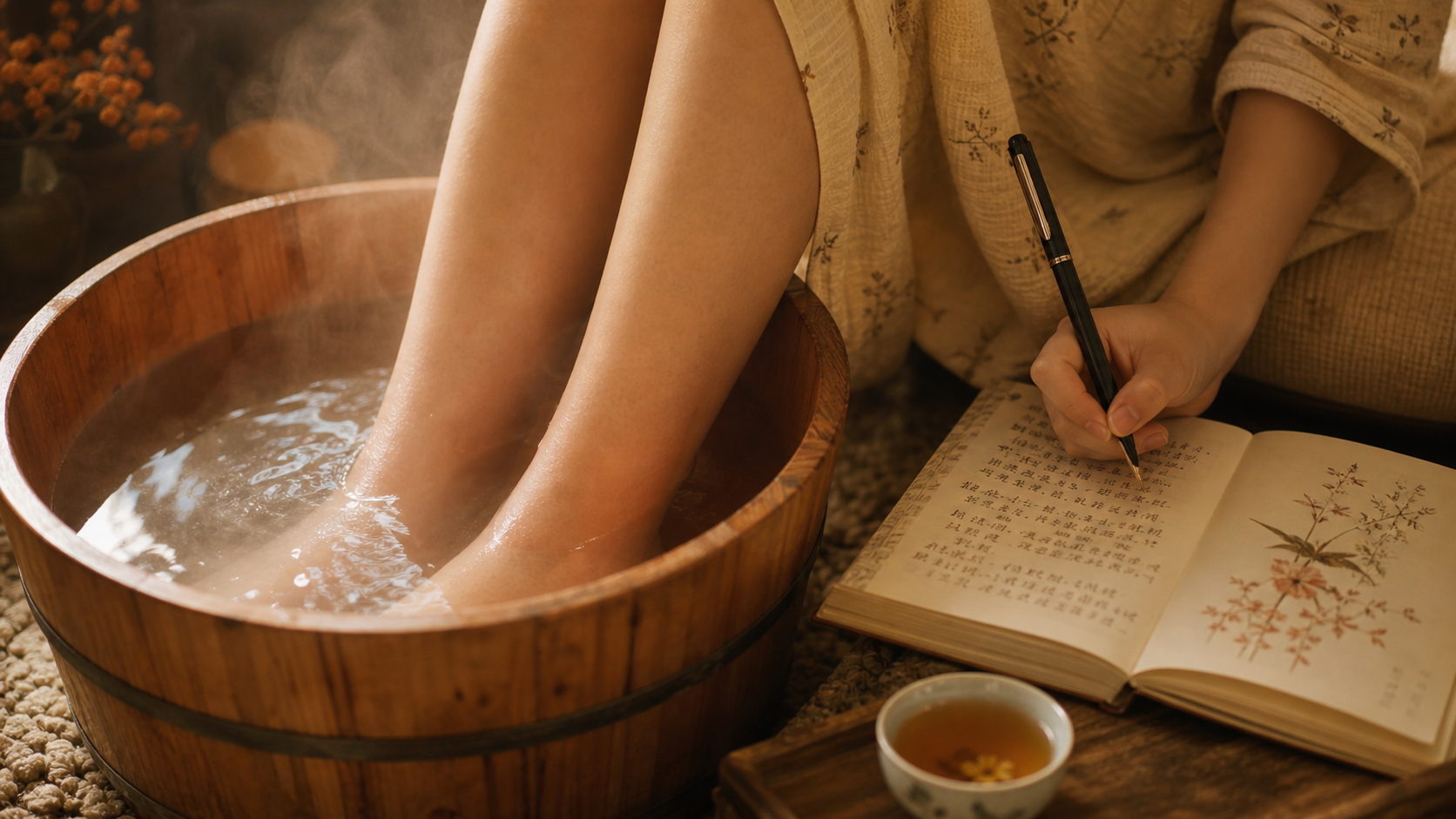 Close-up shot, a Chinese woman's feet soaking in a