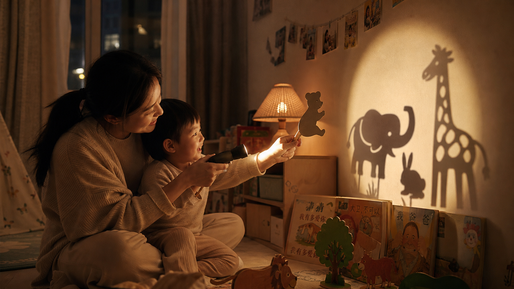A Chinese mother and her toddler in a dimly lit co