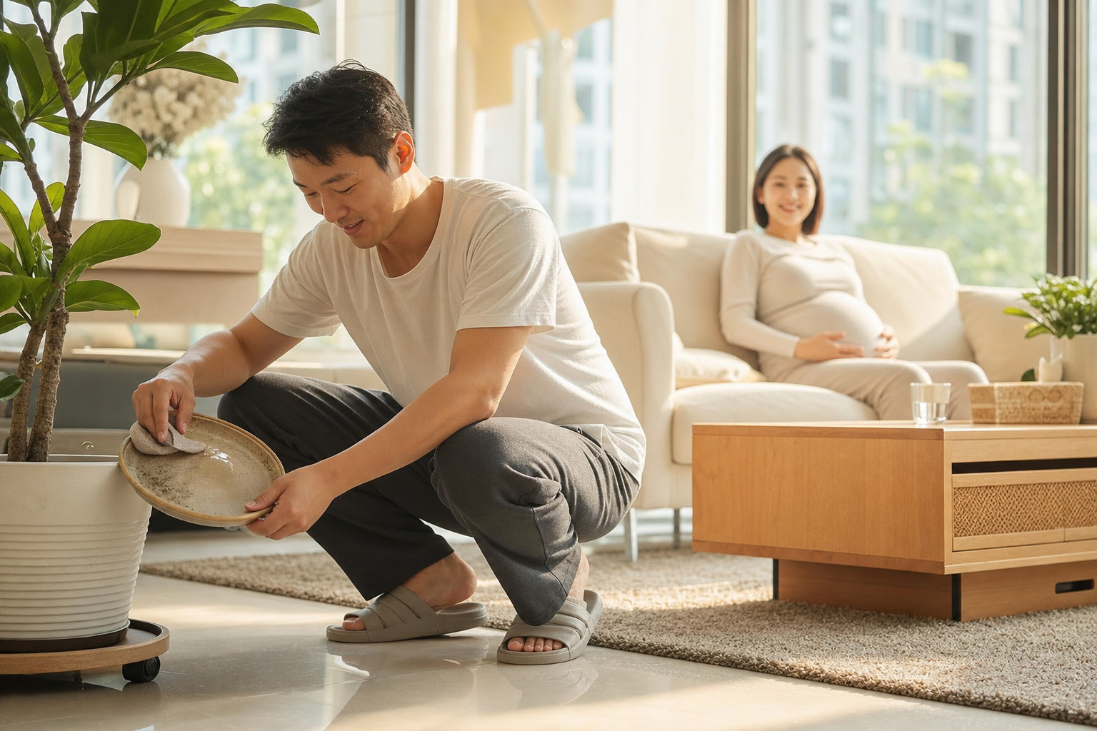 A caring Chinese husband cleaning the water tray o