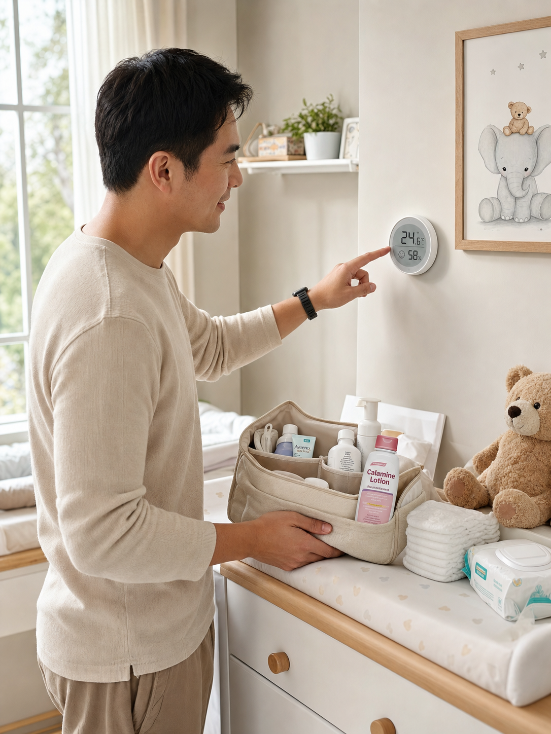 A Chinese father checking a room thermometer and h