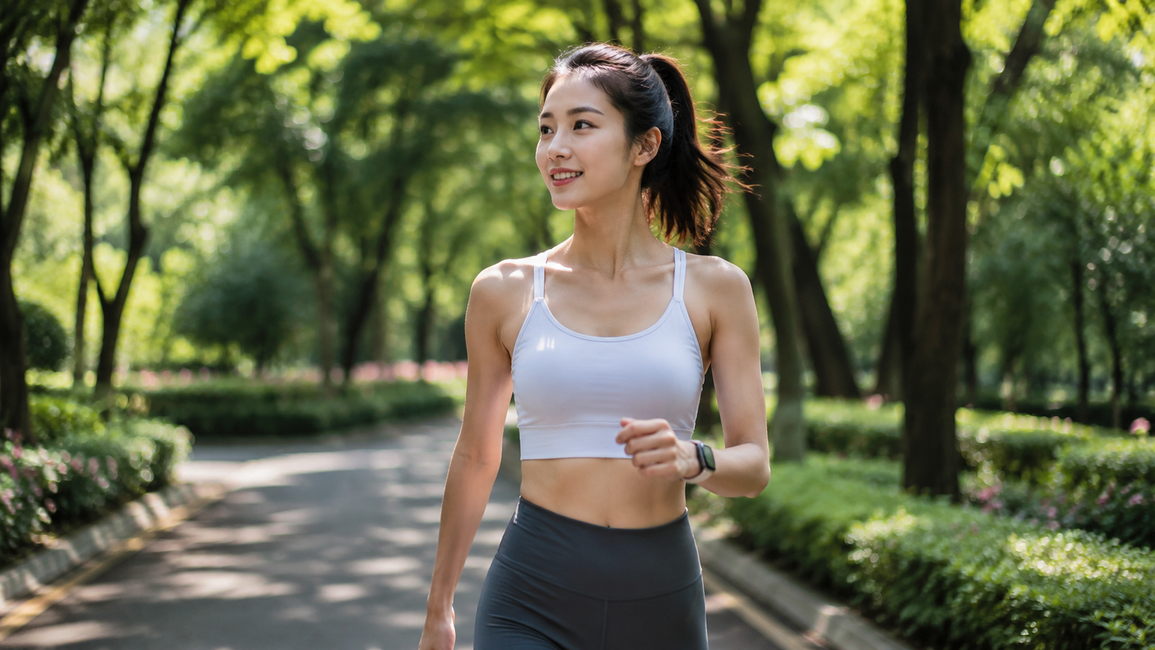 A photorealistic image of a fit young Chinese woma