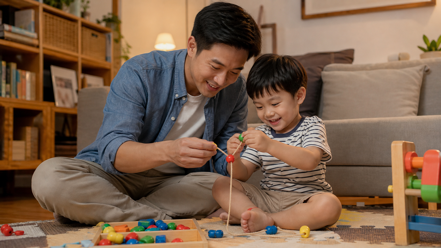 A Chinese father and his 5-year-old child sitting