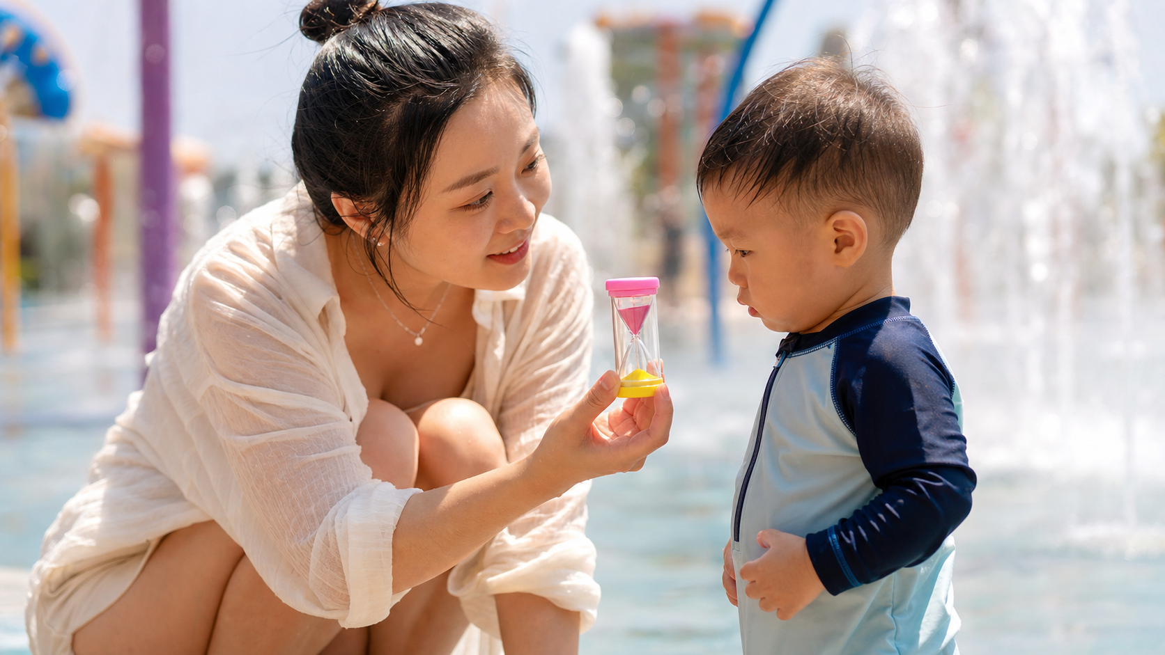 A close-up shot of a young Chinese mother squattin