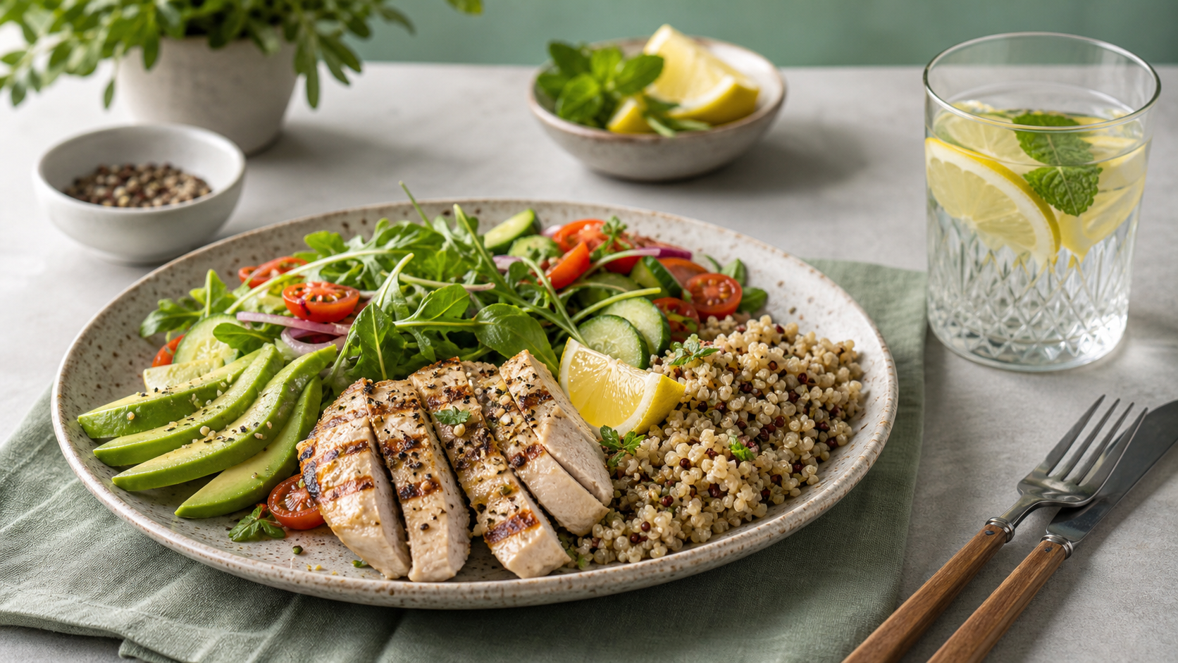 A healthy summer meal with low-GI grains, fresh ve