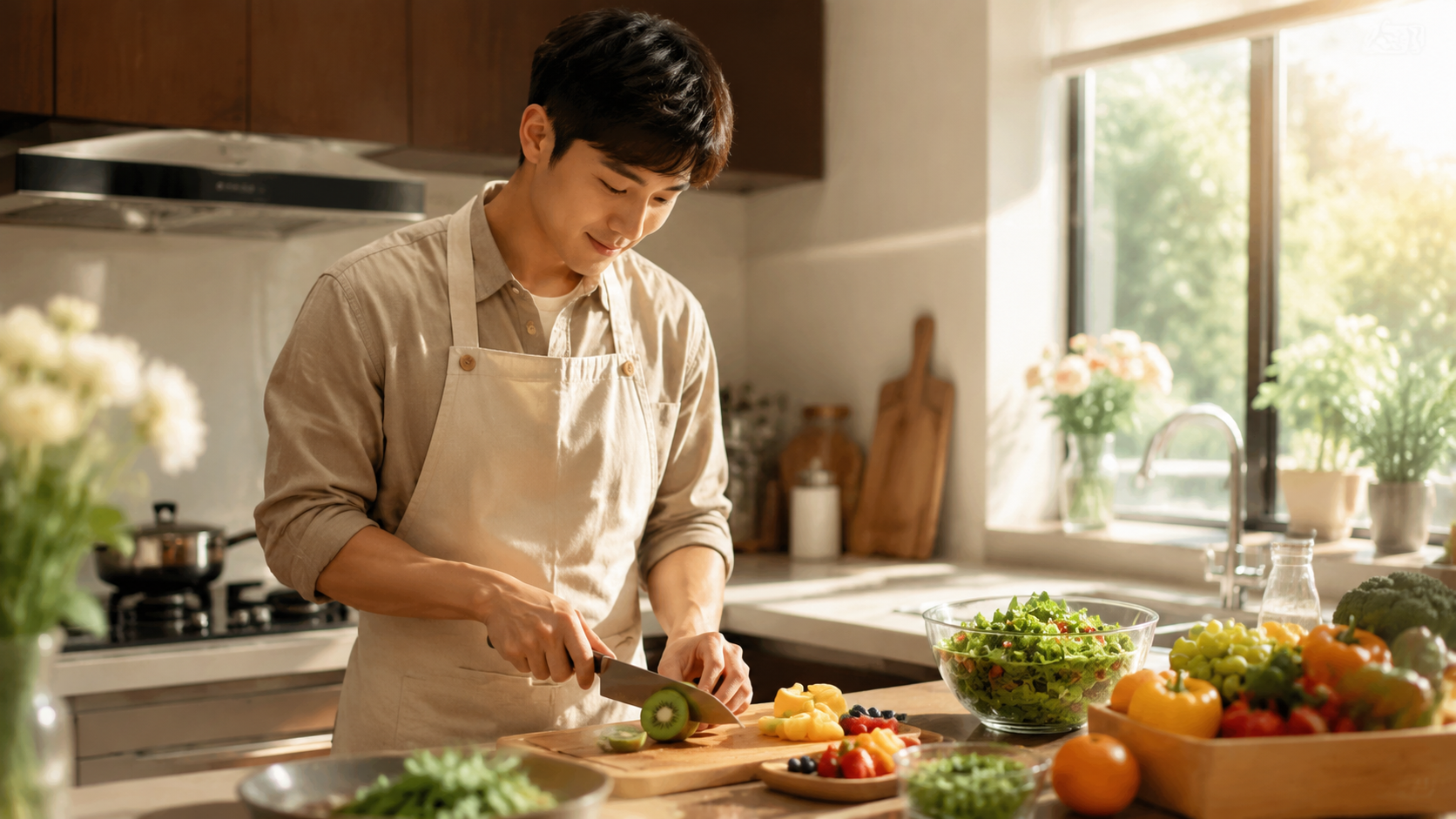 A warm, bright photo of a caring Chinese husband i