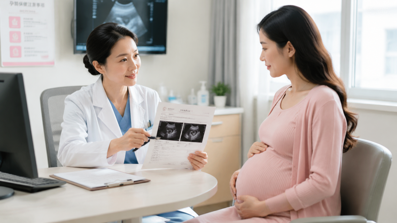 A gentle Chinese female doctor in a white coat is 