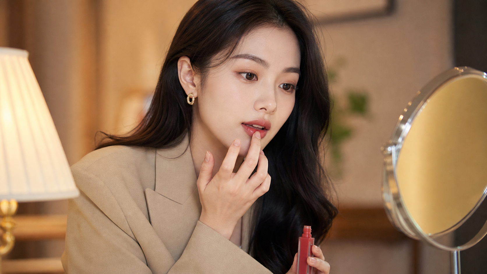 A beautiful Chinese girl applying lip tint with he