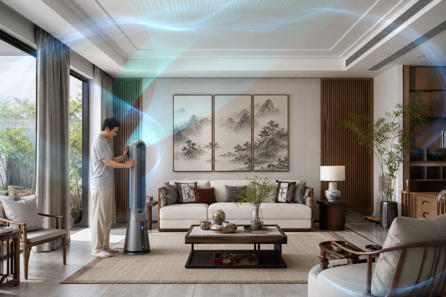 A bright, modern Chinese style living room with a
