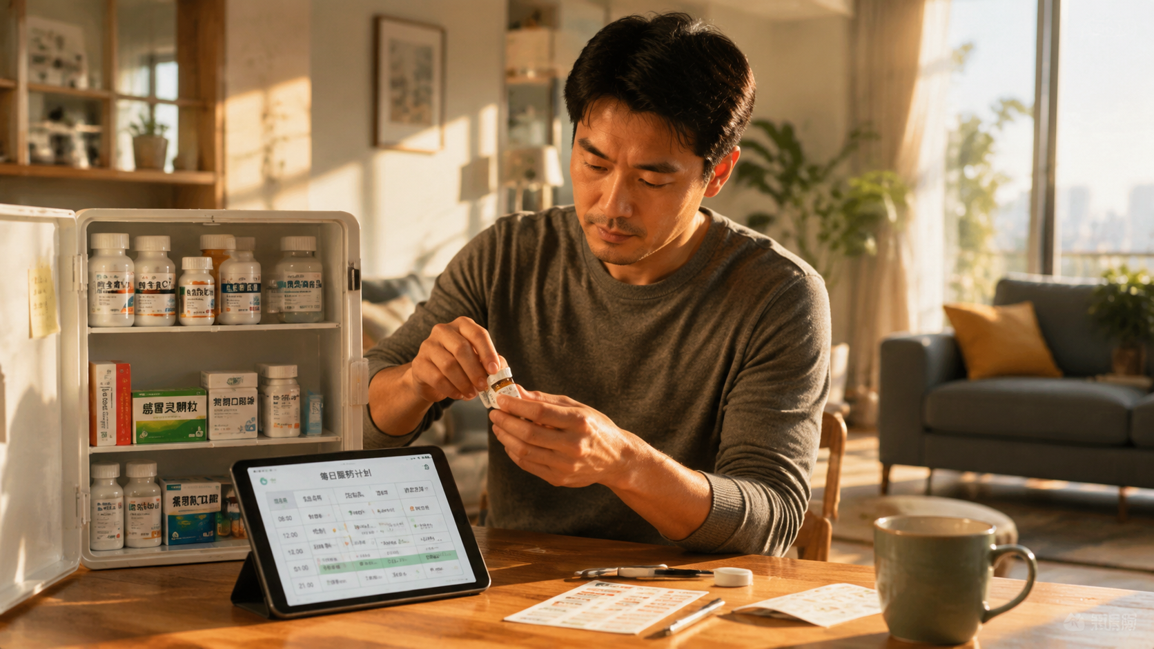 A caring Chinese father is organizing a medicine c