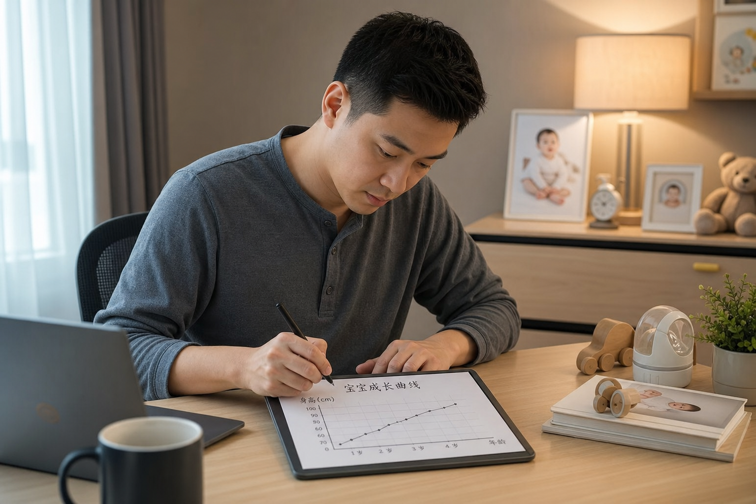A young Chinese father sitting at a modern desk, c