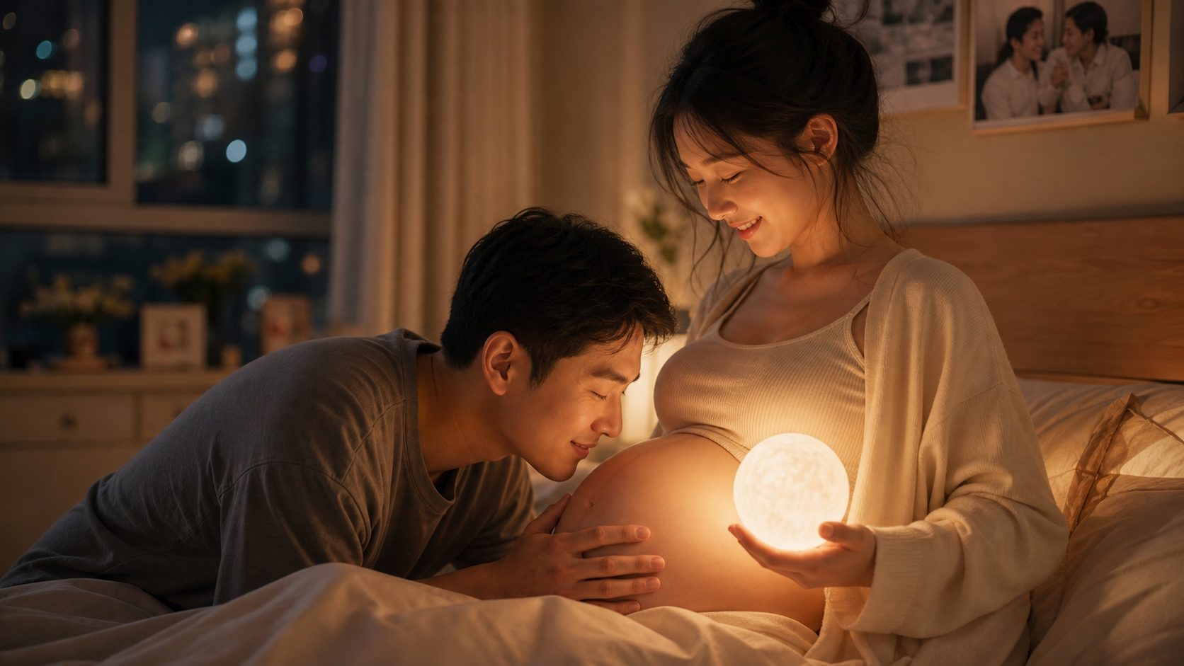 A loving Chinese expectant couple in a cozy bedroo