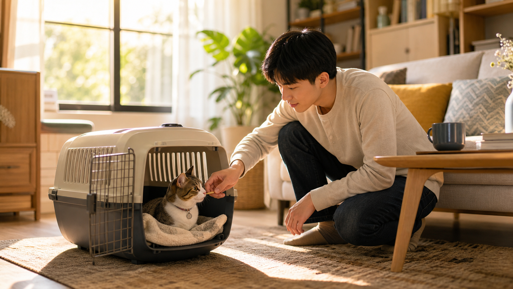 A bright and cozy living room, a young Chinese man