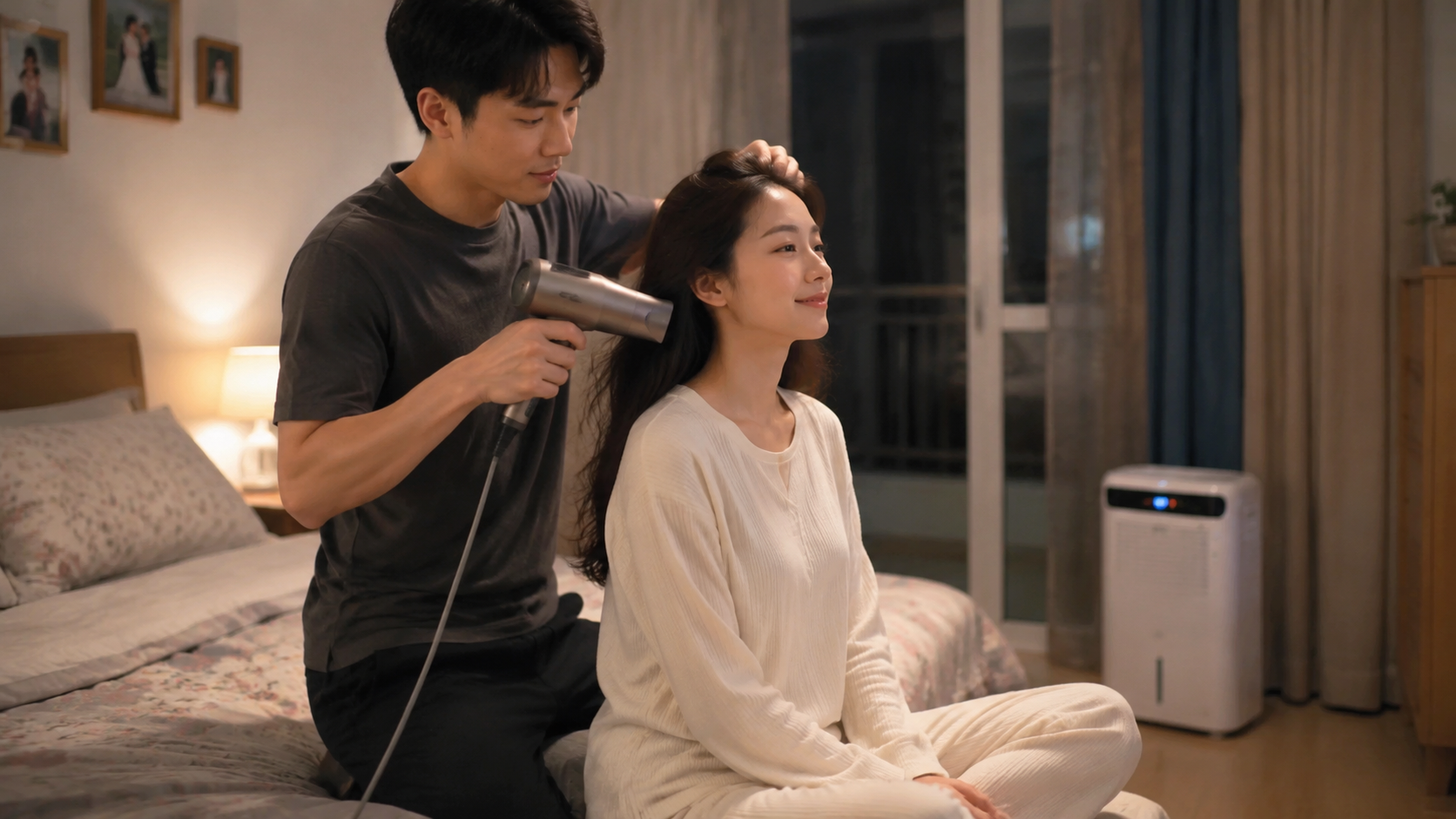 A cozy bedroom scene, a young Chinese husband care