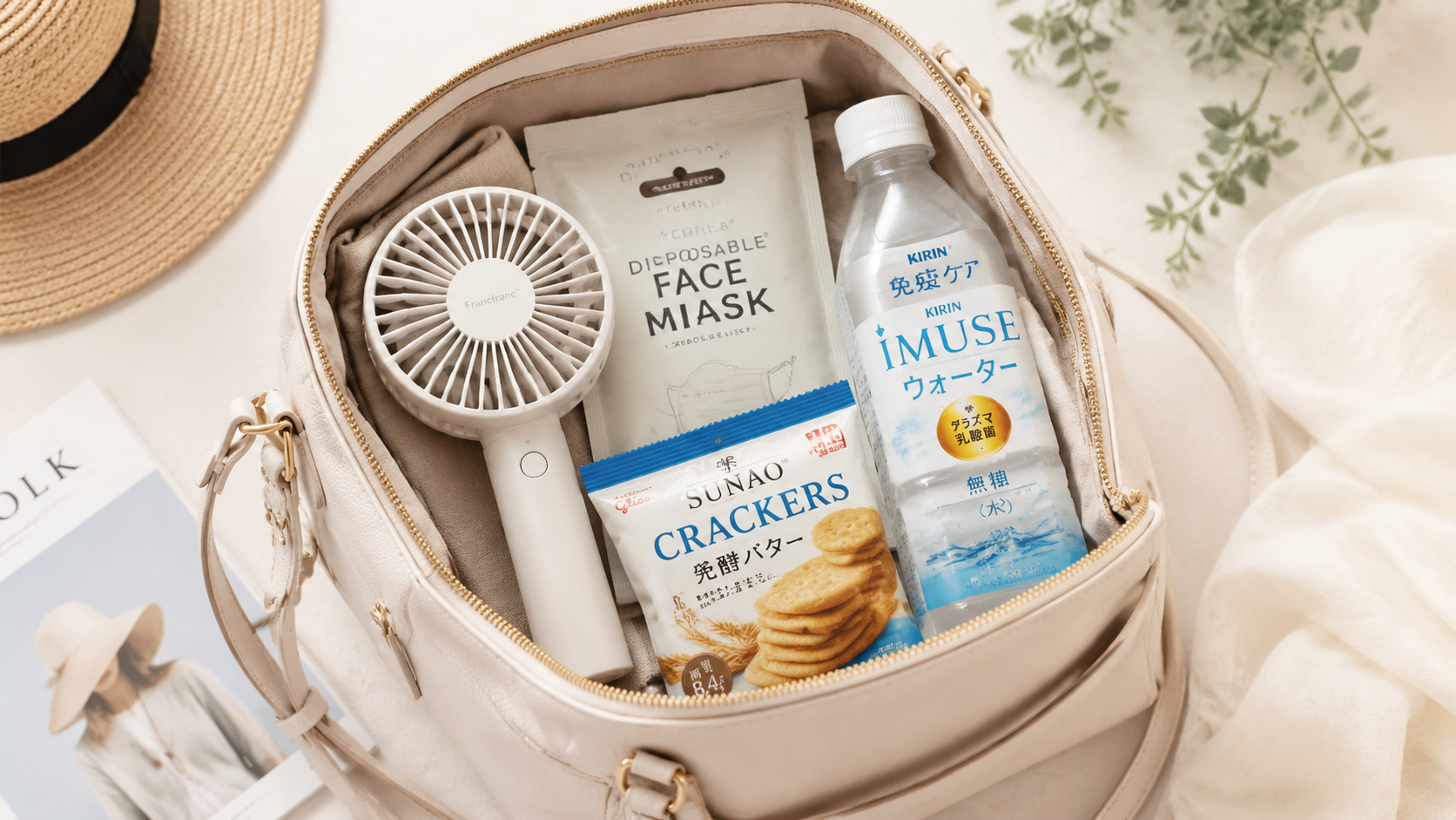 Flat lay photography of a stylish handbag opened t