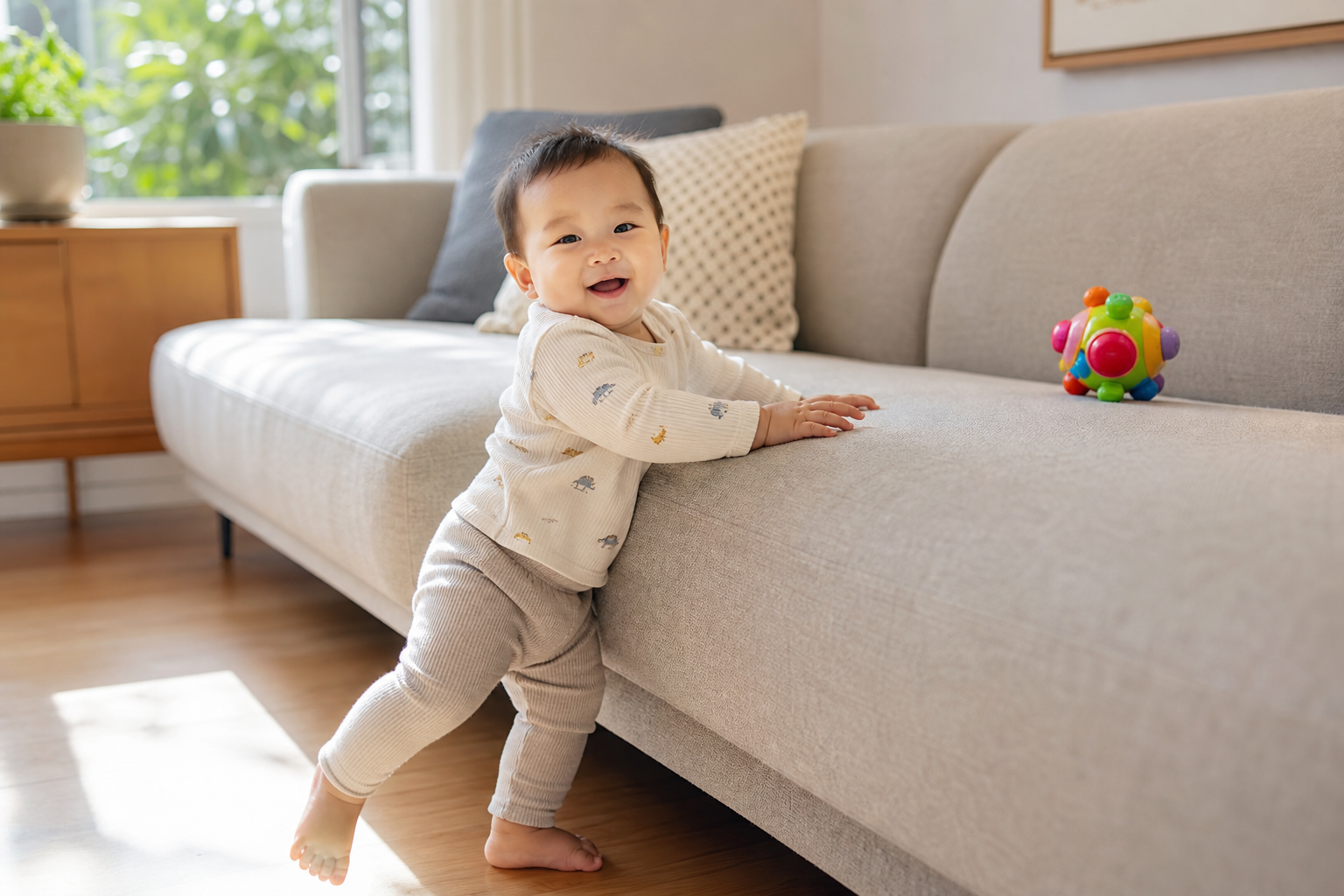 A cheerful 11-month-old Chinese baby boy cruising 