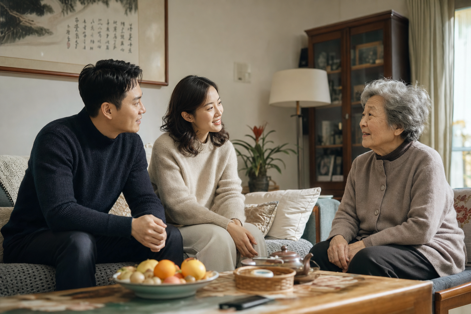 A young Chinese couple sitting on a cozy sofa, hav