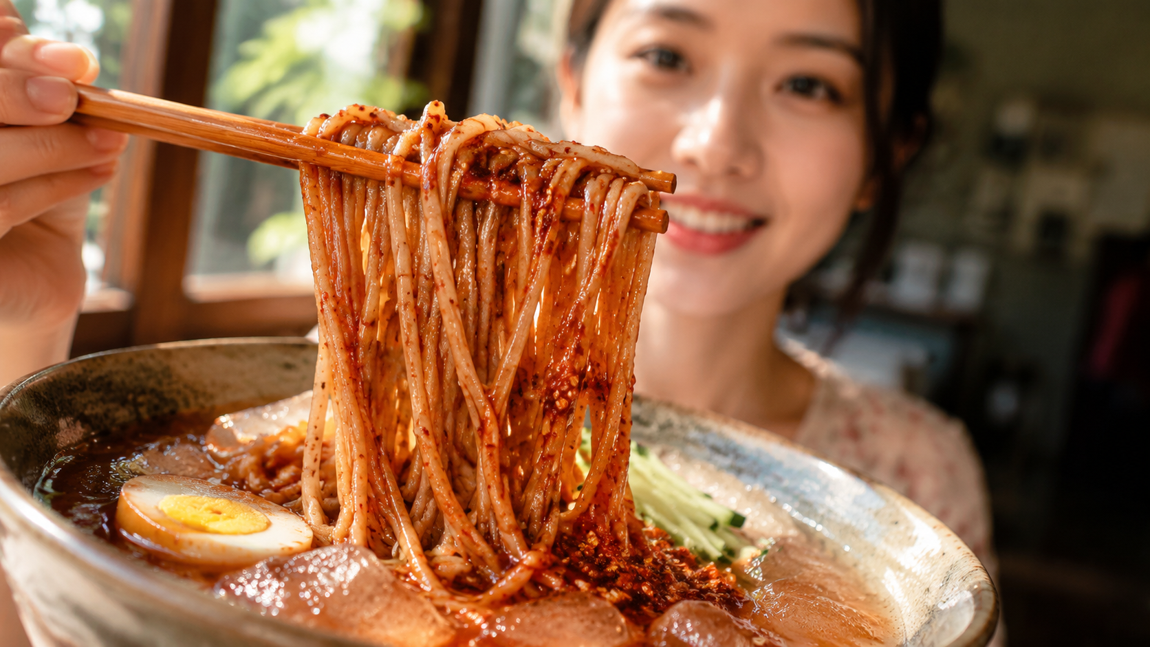 A close-up shot of chopsticks lifting chewy buckwh