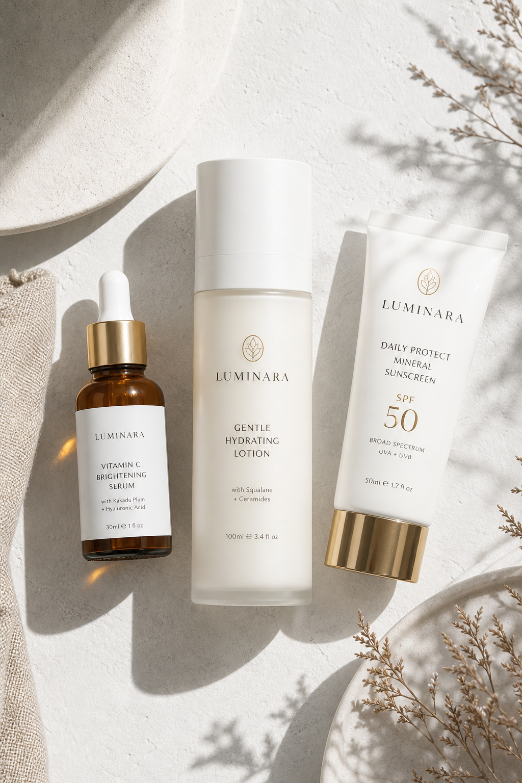 A flatlay composition of skincare products includi