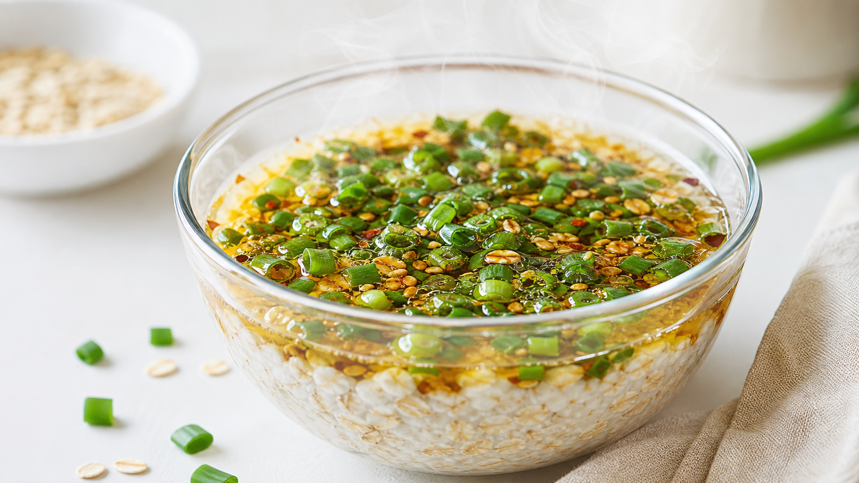 A close-up food photography of a layered breakfast