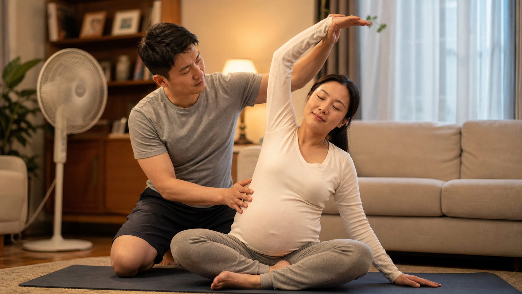 A caring Chinese husband helping his pregnant wife