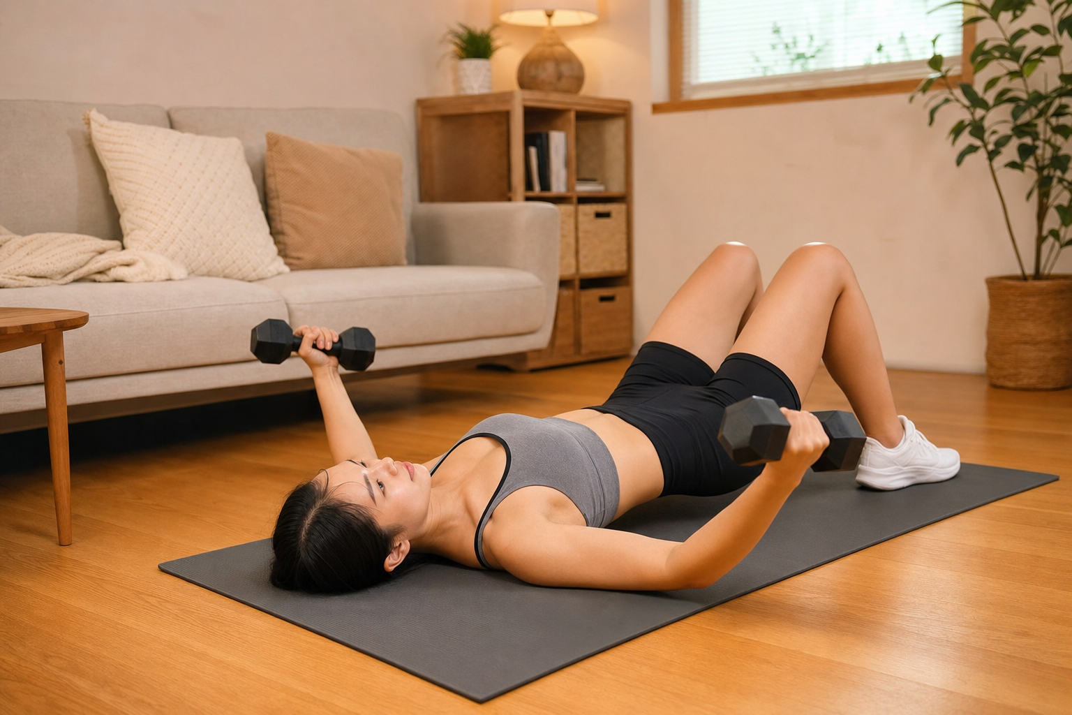 A fit Chinese woman lying on a yoga mat in a cozy 