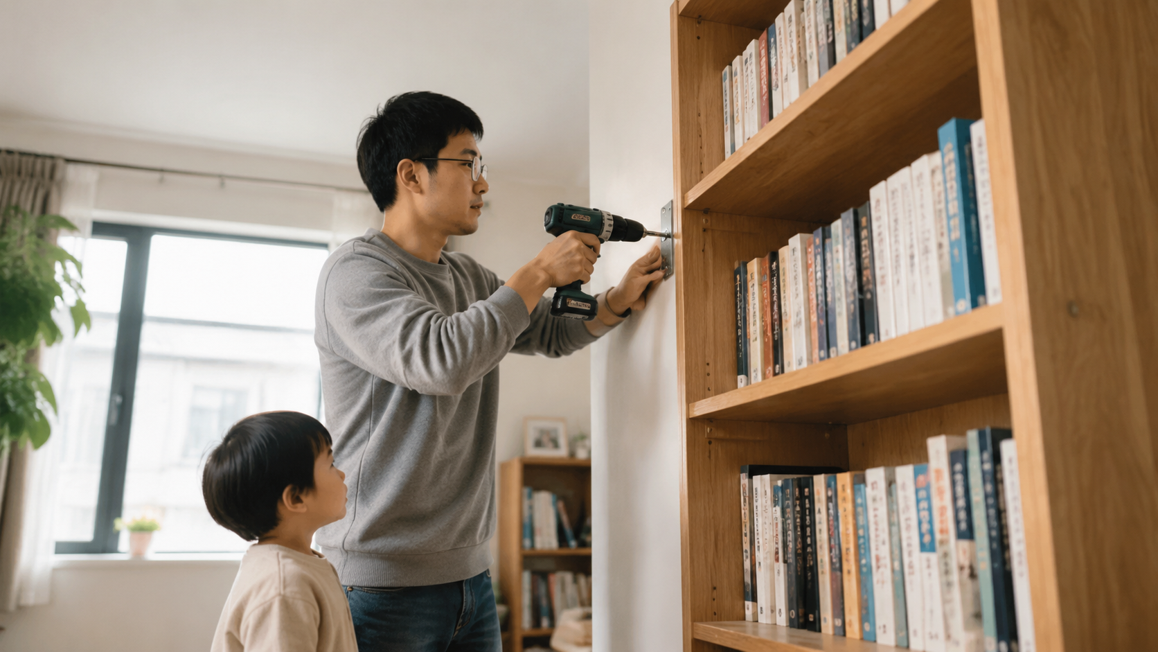A realistic photo of a young Chinese father using 