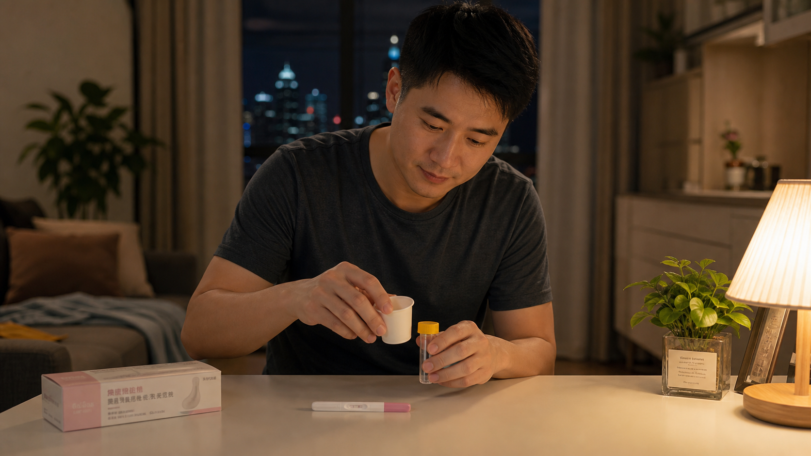 A caring Chinese husband preparing a dry urine cup