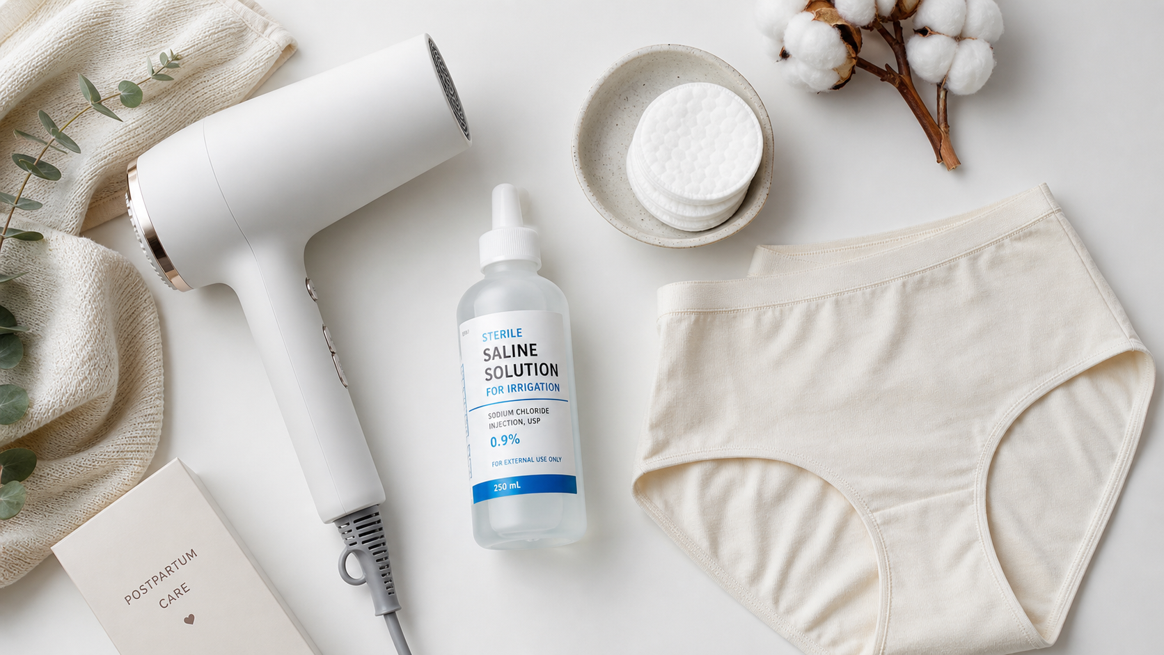 A flat lay composition of postpartum care essentia