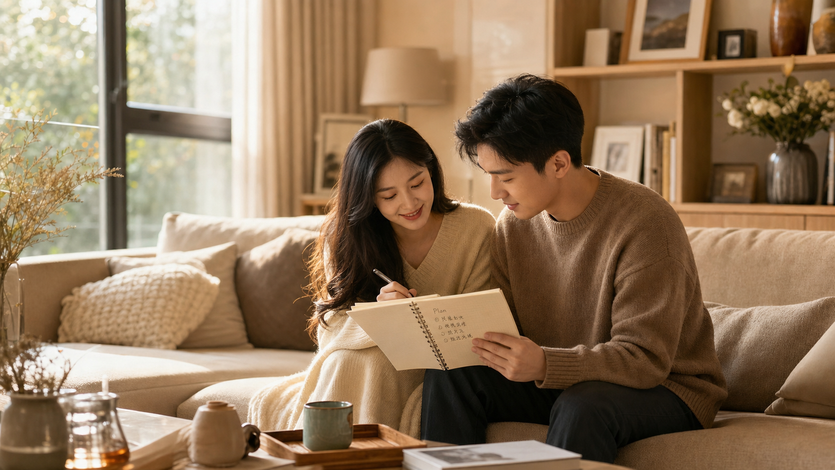 A cozy, warm-toned photo of a young Chinese couple